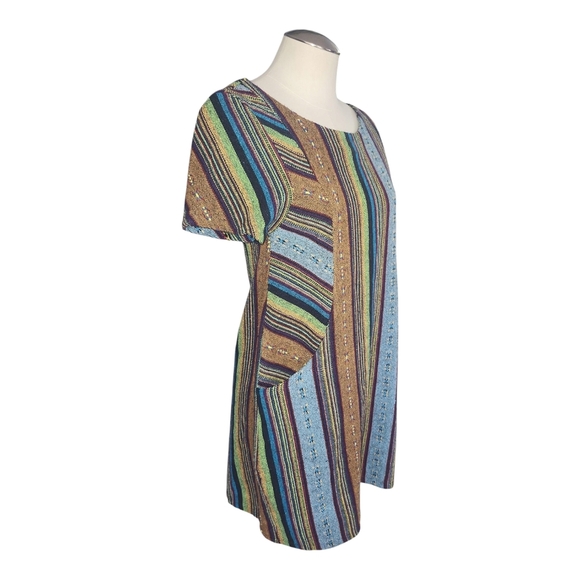 BoHo Hippie Drug Rug Carpet Striped Multicolor Short Sleeve Dress with Pockets L - Picture 3 of 11